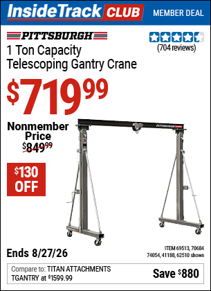 www.hfqpdb.com - PITTSBURGH 1 TON CAPACITY TELESCOPING GANTRY CRANE Lot No. 62510/41188/69513/70684