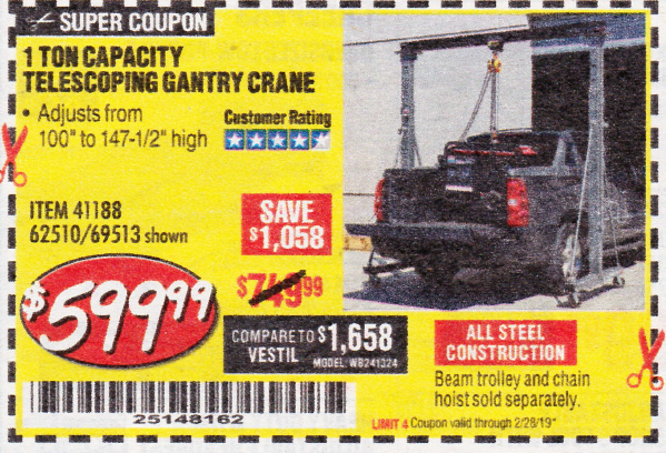 Featured image of post Harbor Freight Gantry Crane Coupon The all steel gantry crane adjusts from 99 in