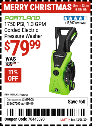 Harbor Freight PORTLAND 1750 PSI 1.3 GPM CORDED ELECTRIC PRESSURE WASHER coupon
