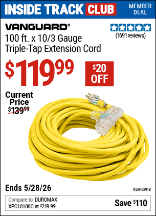 www.hfqpdb.com - VANGUARD 100 FT. X 10/3 GAUGE MULTIPLE OUTLET EXTENSION CORD, YELLOW Lot No. 62918