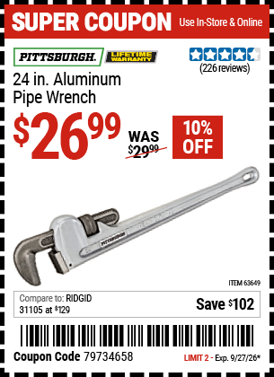 www.hfqpdb.com - PITTSBURGH 24 IN. ALUMINUM PIPE WRENCH Lot No. 63649