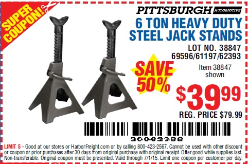 Harbor Freight Coupon 6 TON HEAVY DUTY STEEL JACK STANDS Lot No. 61197/3884...