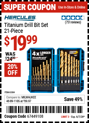 www.hfqpdb.com - HERCULES TITANIUM DRILL BIT SET, 21-PIECE Lot No. 63384
