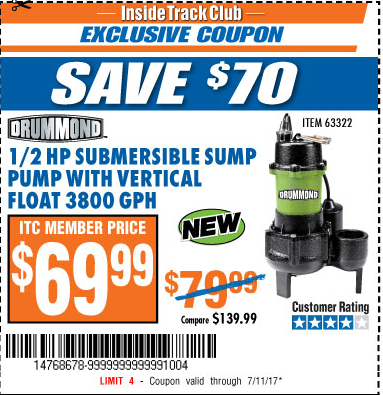 klippe betale Ti år Harbor Freight Tools Coupon Database - Free coupons, 25 percent off coupons,  toolbox coupons - 1/2 HP SUBMERSIBLE SUMP PUMP WITH VERTICAL FLOAT 3800 GPH