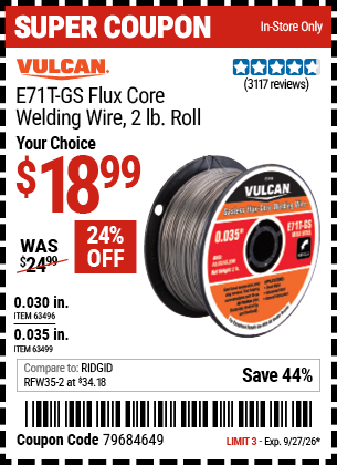 www.hfqpdb.com - VULCAN E71T-GS FLUX CORE WELDING WIRE, 2 LB. ROLL Lot No. 63496/63499