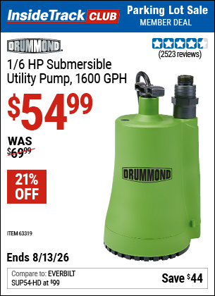 www.hfqpdb.com - DRUMMOND 1/6 HP SUBMERSIBLE UTILITY PUMP, 1600 GPH Lot No. 63319