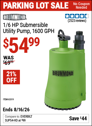 Harbor Freight DRUMMOND 1/6 HP SUBMERSIBLE UTILITY PUMP, 290 GPM, 1600 GPH coupon