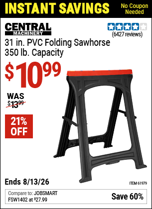 www.hfqpdb.com - CENTRAL MACHINERY 31 IN. PVC FOLDING SAWHORSE, 350 LB. CAPACITY Lot No. 61979
