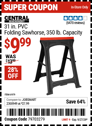 www.hfqpdb.com - CENTRAL MACHINERY 31 IN. PVC FOLDING SAWHORSE, 350 LB. CAPACITY Lot No. 61979