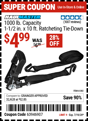 www.hfqpdb.com - HAUL-MASTER 1000 LB. CAPACITY, 1-1/2 IN. X 10 FT. RATCHETING TIE-DOWN Lot No. 61302