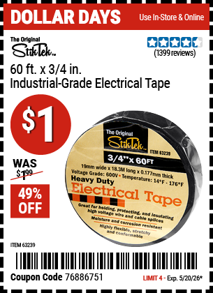www.hfqpdb.com - STIKTEK 60 FT. X 3/4 IN. INDUSTRIAL-GRADE ELECTRICAL TAPE Lot No. 63239