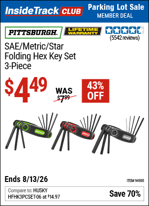www.hfqpdb.com - PITTSBURGH SAE/METRIC/STAR FOLDING HEX KEY SET, 3-PIECE Lot No. 94905