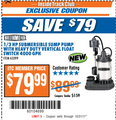 Karakter depositum Fjord Harbor Freight Tools Coupon Database - Free coupons, 25 percent off coupons,  toolbox coupons - 1/3 HP SUBMERSIBLE SUMP PUMP WITH VERTICAL FLOAT SWITCH