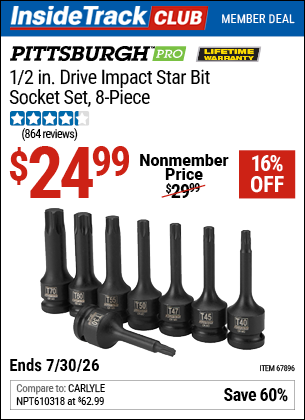 www.hfqpdb.com - PITTSBURGH PRO 1/2 IN. DRIVE IMPACT STAR BIT SOCKET SET, 8-PIECE Lot No. 67896