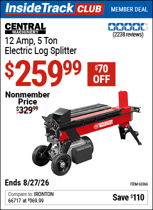 www.hfqpdb.com - CENTRAL MACHINERY 12 AMP, 5 TON ELECTRIC LOG SPLITTER Lot No. 63366