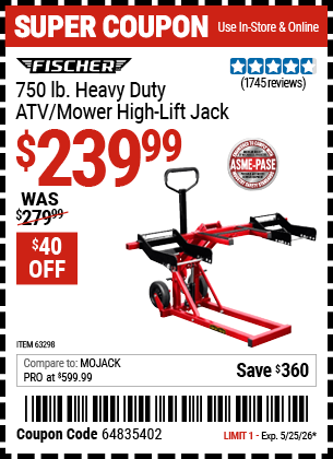 www.hfqpdb.com - FISCHER 750 LB. HEAVY DUTY ATV/MOWER HIGH-LIFT JACK Lot No. 63298