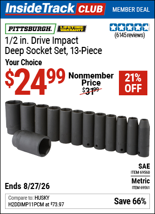 www.hfqpdb.com - PITTSBURGH 1/2 IN. DRIVE IMPACT DEEP SOCKET SET, 13-PIECE Lot No. 61902/61903