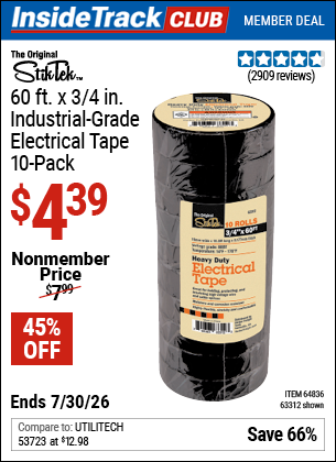 Harbor Freight STIKTEK 60 FT. X 3/4 IN. INDUSTRIAL-GRADE ELECTRICAL TAPE, 10-PACK coupon