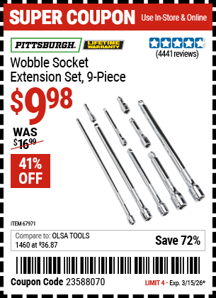 www.hfqpdb.com - PITTSBURGH WOBBLE SOCKET EXTENSION SET, 9-PIECE Lot No. 67971