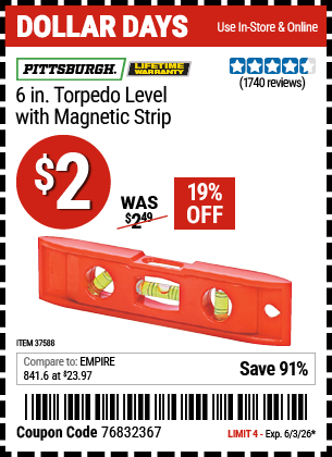 www.hfqpdb.com - PITTSBURGH 6 IN. TORPEDO LEVEL WITH MAGNETIC STRIP Lot No. 37588