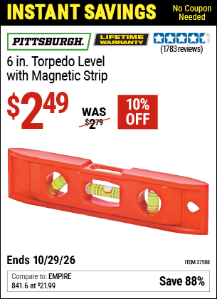 www.hfqpdb.com - PITTSBURGH 6 IN. TORPEDO LEVEL WITH MAGNETIC STRIP Lot No. 37588