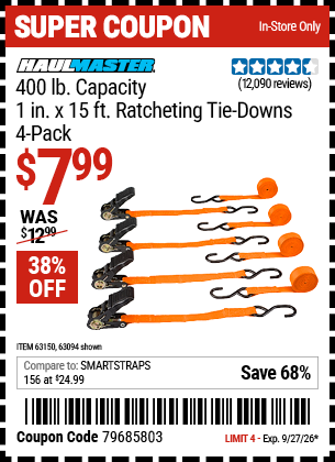 www.hfqpdb.com - HAUL-MASTER 400 LB. CAPACITY, 1 IN. X 15 FT. RATCHETING TIE-DOWNS, 4-PACK Lot No. 63094