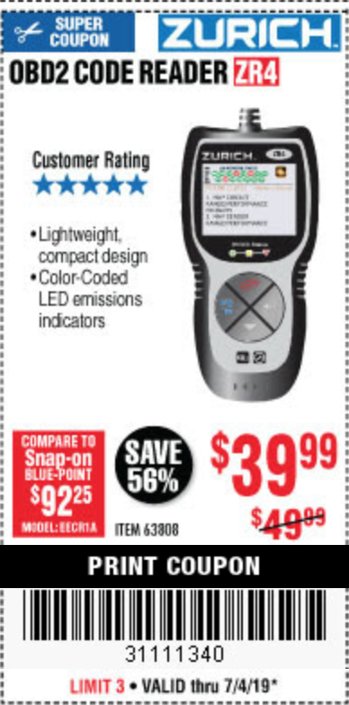 ZURICH ZRBT1 OBD2 BLUETOOTH Code Reader for $44.99 – Harbor Freight Coupons