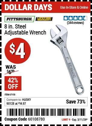 www.hfqpdb.com - PITTSBURGH 8 IN. STEEL ADJUSTABLE WRENCH Lot No. 67150