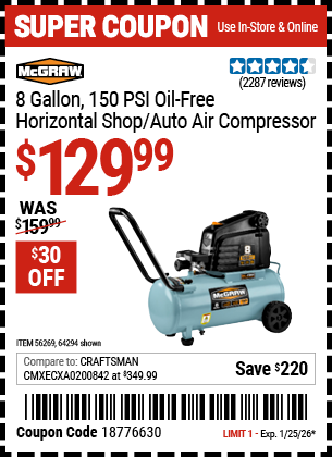 www.hfqpdb.com - MCGRAW 8 GALLON, 150 PSI OIL-FREE HORIZONTAL SHOP/AUTO AIR COMPRESSOR Lot No. 64294/56269