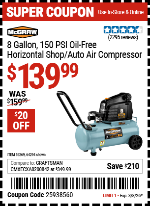 www.hfqpdb.com - MCGRAW 8 GALLON, 150 PSI OIL-FREE HORIZONTAL SHOP/AUTO AIR COMPRESSOR Lot No. 64294/56269