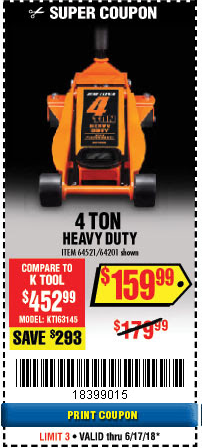 Harbor Freight Tools Coupon Database - Free coupons, 25 percent off coupons,  toolbox coupons - DAYTONA 4 TON HEAVY DUTY FLOOR JACK