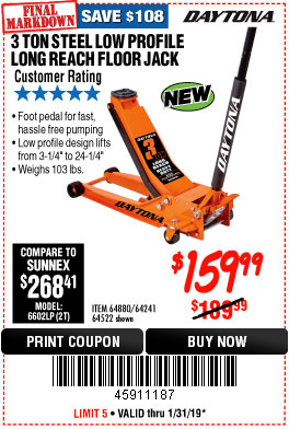 Harbor Freight Tools Coupon Database - Free coupons, 25 percent off coupons,  toolbox coupons - DAYTONA 3 TON LOW PROFILE / LONG REACH FLOOR JACK