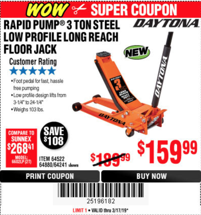 Harbor Freight Tools Coupon Database - Free coupons, 25 percent off coupons,  toolbox coupons - DAYTONA 3 TON LOW PROFILE / LONG REACH FLOOR JACK