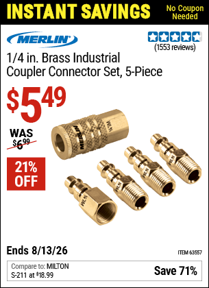 www.hfqpdb.com - MERLIN 1/4 IN. BRASS INDUSTRIAL COUPLER CONNECTOR SET, 5-PIECE Lot No. 63557