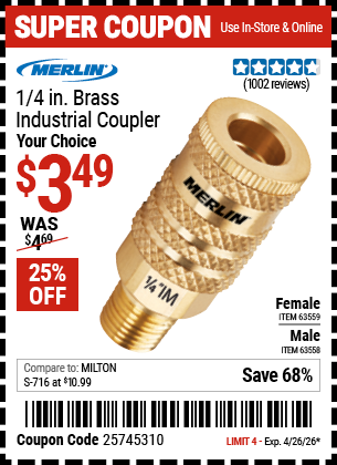 www.hfqpdb.com - MERLIN 1/4 IN. BRASS INDUSTRIAL COUPLER Lot No. 63558/63559