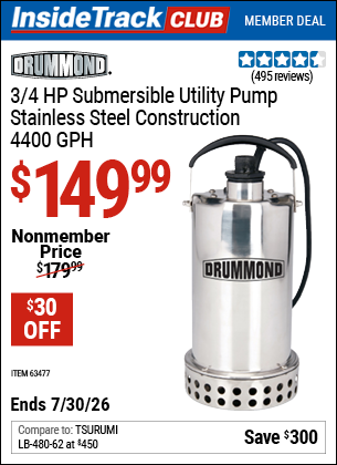 www.hfqpdb.com - DRUMMOND 3/4 HP SUBMERSIBLE UTILITY PUMP, STAINLESS STEEL CONSTRUCTION, 4400 GPH Lot No. 63477