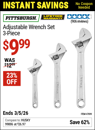 www.hfqpdb.com - PITTSBURGH ADJUSTABLE WRENCH SET, 3-PIECE Lot No. 47099