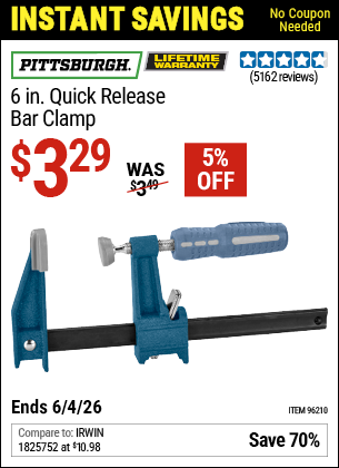 www.hfqpdb.com - PITTSBURGH 6 IN. QUICK-RELEASE BAR CLAMP Lot No. 96210