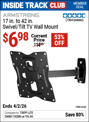 Harbor Freight ARMSTRONG 17 IN. TO 42 IN. SWIVEL/TILT TV WALL MOUNT coupon