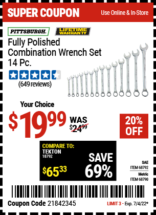 www.hfqpdb.com - 14 PIECE FULLY POLISHED COMBINATION WRENCH SETS Lot No. 68792/68790