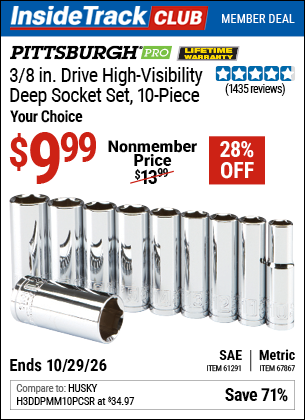 Harbor Freight PITTSBURGH PRO 3/8 IN. DRIVE HIGH-VISIBILITY DEEP SOCKET SET, 10-PIECE coupon