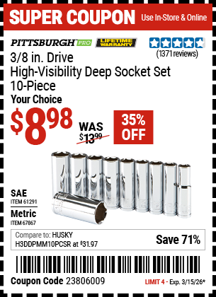 Harbor Freight PITTSBURGH PRO 3/8 IN. DRIVE SAE HIGH-VISIBILITY DEEP SOCKET SET, 10-PIECE coupon