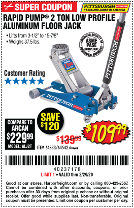 Harbor Freight Tools Coupon Database - Free coupons, 25 percent off  coupons, toolbox coupons - RAPID PUMP 2 TON LOW PROFILE ALUMINUM FLOOR JACK