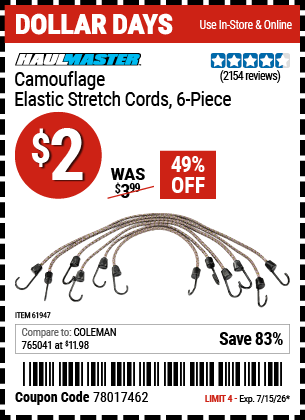 www.hfqpdb.com - HAUL-MASTER CAMOUFLAGE ELASTIC STRETCH CORDS, 6-PIECE Lot No. 61947