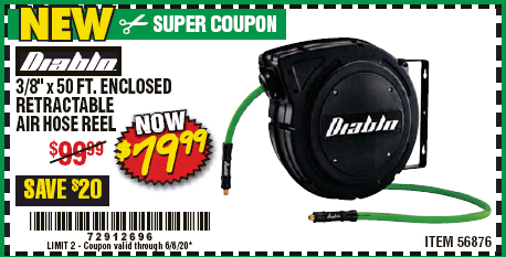 Harbor Freight Tools Coupon Database - Free coupons, 25 percent off coupons,  toolbox coupons - 3/8 X 50 FT. ENCLOSED RETRACTABLE AIR HOSE REEL