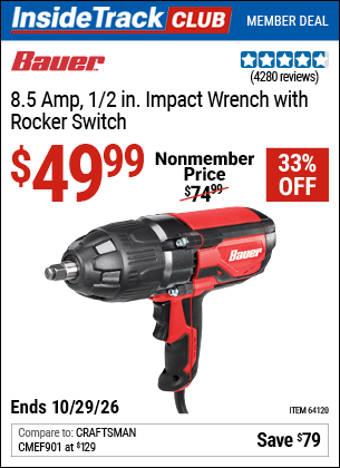 Harbor Freight BAUER 8.5 AMP, 1/2 IN. IMPACT WRENCH WITH ROCKER SWITCH coupon