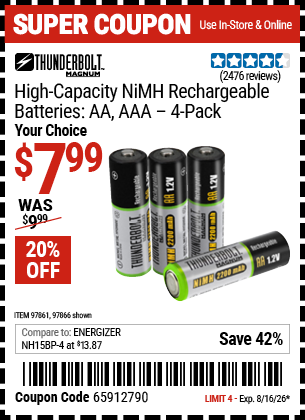 www.hfqpdb.com - THUNDERBOLT MAGNUM HIGH-CAPACITY NIMH RECHARGEABLE BATTERIES, 4-PACK Lot No. 97861/97866