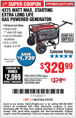 Harbor Freight Tools Coupon Database Free Coupons 25 Percent Off Coupons Toolbox Coupons 4375 Max Starting 3500 Running Watts 6 5 Hp 212cc Gas Generator