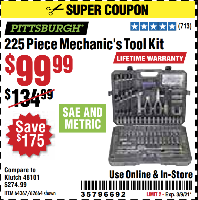 Mechanics Tool Set, 225 Piece