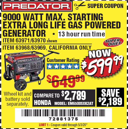 Harbor Freight Tools Coupon Database Free Coupons 25 Percent Off Coupons Toolbox Coupons Predator 9000 Peak 7250 Running Watts 13 Hp 420 Cc Gas Generator
